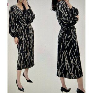 DIARRABLU Lala Wrap Dress in Black/Gold Scribble Print Long Sleeve Size L